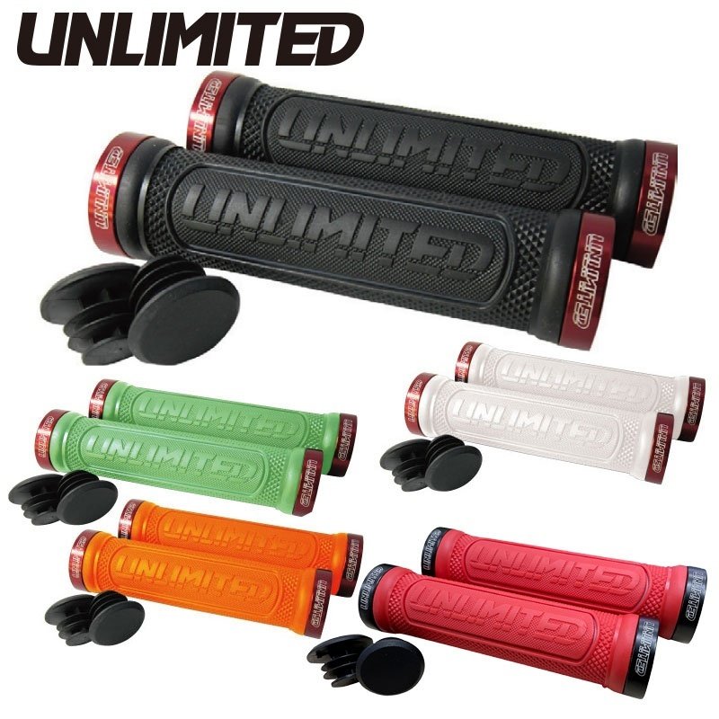 Set of black, green, orange, and red bike grips with unlimited branding on a white background.