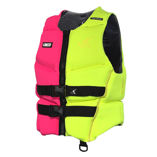 Two-toned pink and yellow life vest on a white background
