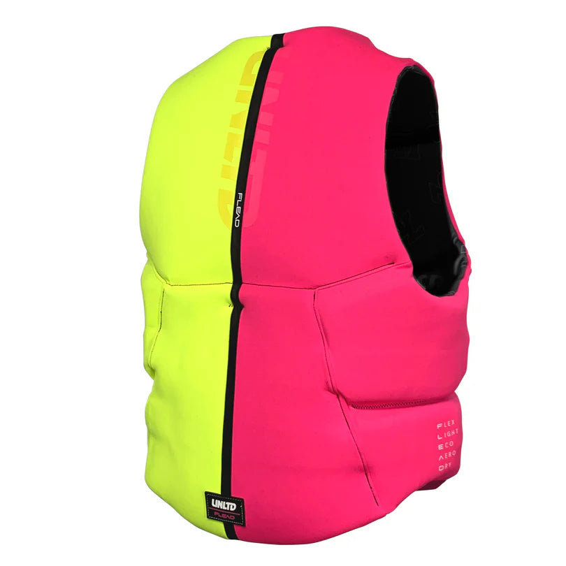 Two-tone pink and yellow life vest on a white background