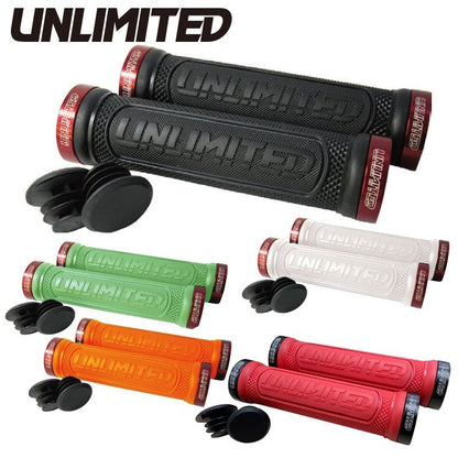 Set of black, green, orange, and red bike grips with unlimited branding on a white background.
