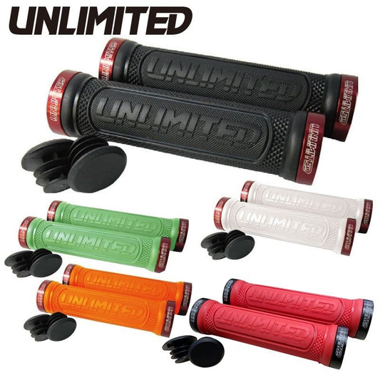 Set of black, green, orange, and red bike grips with unlimited branding on a white background.